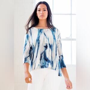 KINROSS | Linen Lagenlook Blue Combo Abstract Waterfall Print Pullover | Large